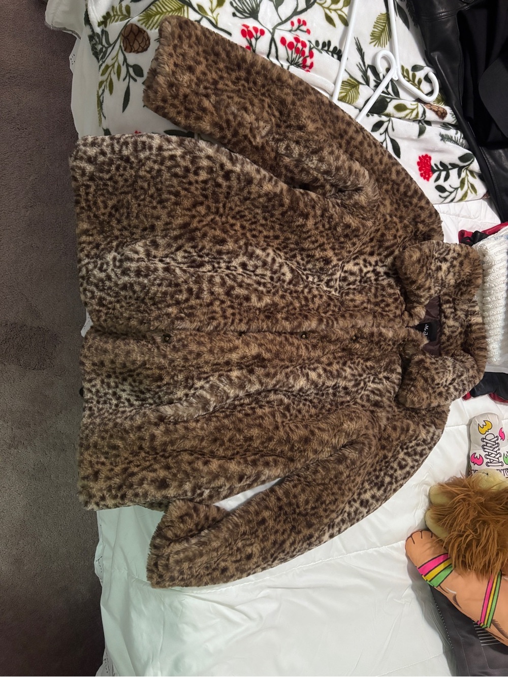 Me Jane Brown Leopard Faux Fur Pea Coat